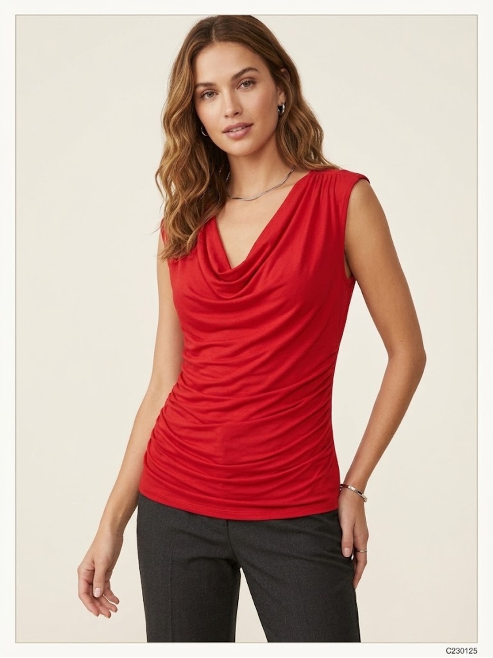 Express Red Draped Cowl Neck Sleeveless Ruched Top Medium